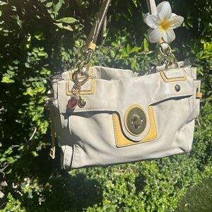Coach Leather Turnlock Shoulder Bag Cream Yellow Trim Satchel Tote